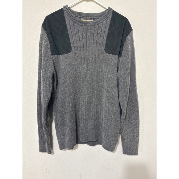 L.L. Bean Gray Commando Sweater XL Green Quilted Patches Merino Blend Fisherman